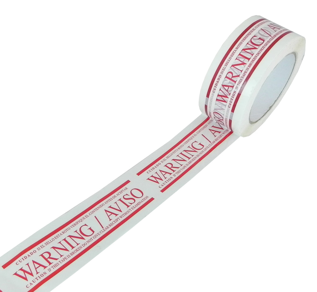PP20W-W Printed Carton Sealing Tape – WARNING/AVISO on White Film | 2" x 110 yd