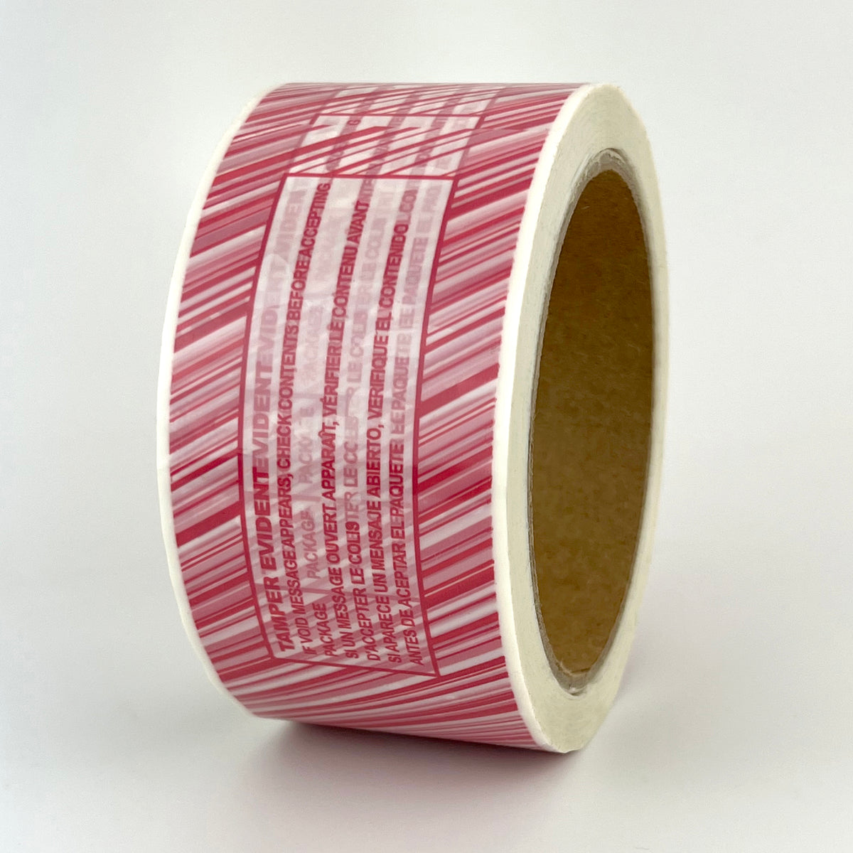 TEV-STR Tamper Evident Security Tape | 2" x 55 YD | Red/White Stripe | Trilingual Warning | 42 Roll/Case