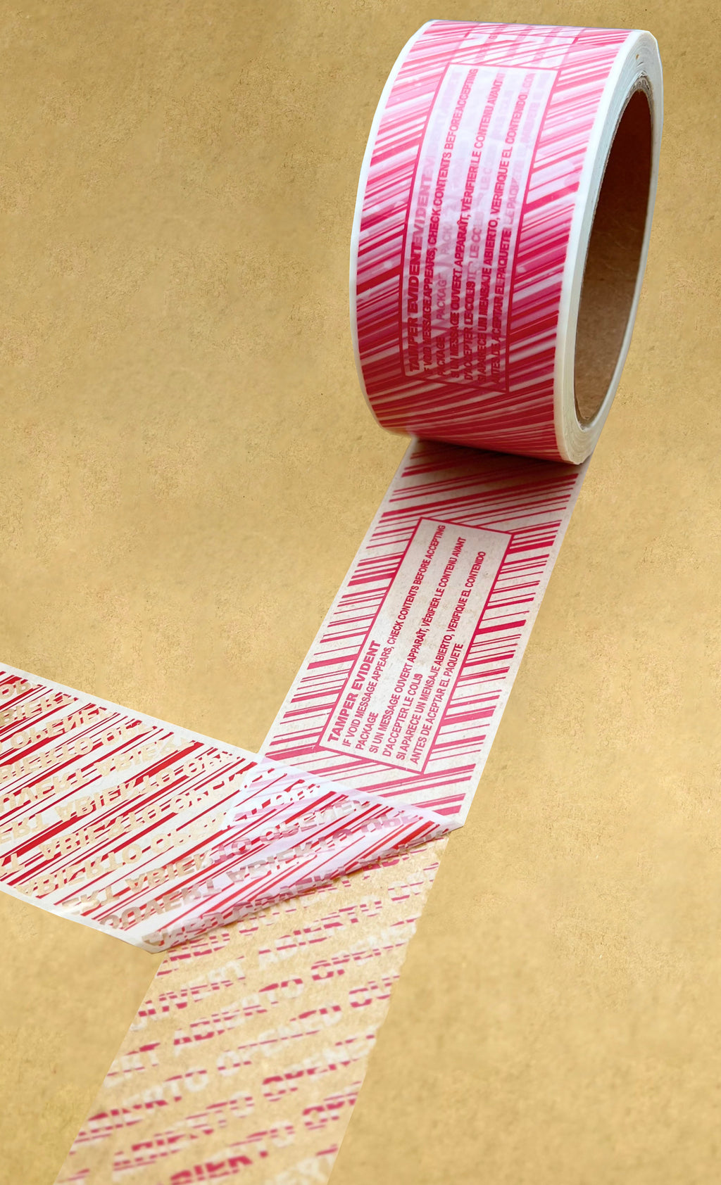 TEV-STR Tamper Evident Security Tape | 2" x 55 YD | Red/White Stripe | Trilingual Warning | 42 Roll/Case